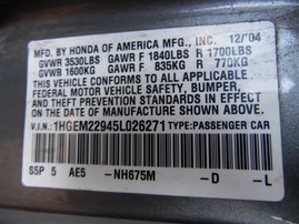 2005 Honda Civic EX Gray Coupe 1.7L Vtec AT #A22585